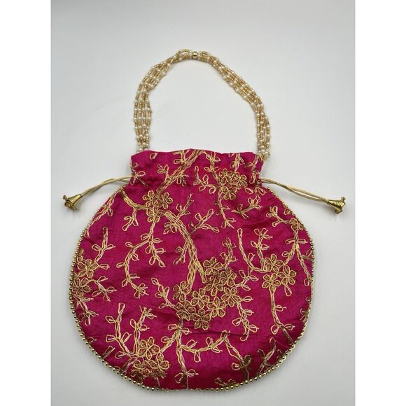 PINK Gold Clutch Silk Bag Boho Formal/POTLI /Purse Applique Beaded SEE ALL - Picture 6 of 16